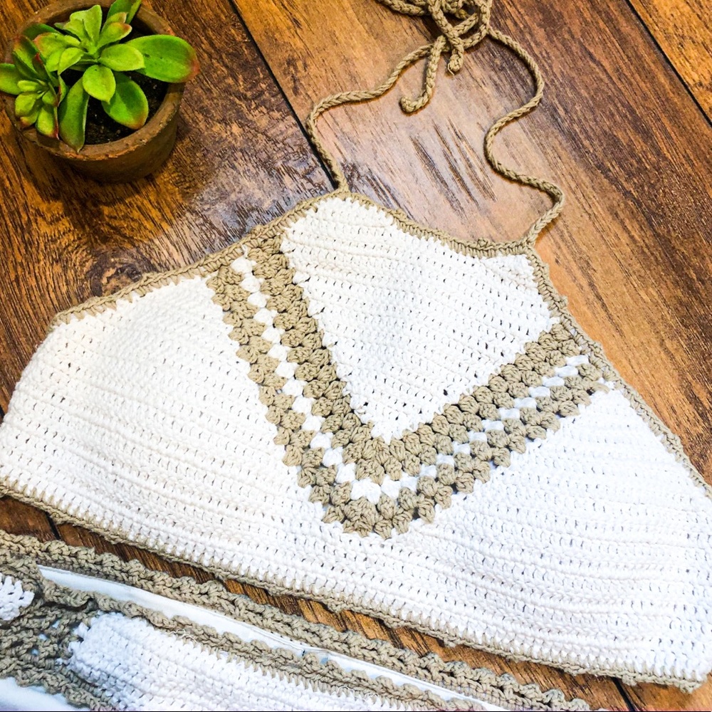 Cremieux White and Cream Crochet Halter Bikini Top